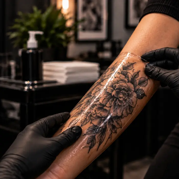 Frisch gestochenes Blumen-Tattoo am Unterarm wird im Tattoo-Studio mit transparenter Tattoo-Schutzfolie abgedeckt, um die Heilung zu unterstützen.