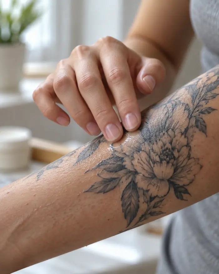 Tattoo-Pflege bei Juckreiz: Eine Hand trägt dünn Pflegecreme auf ein Blumen-Tattoo am Arm auf, um die tätowierte Haut während der Heilung zu pflegen.