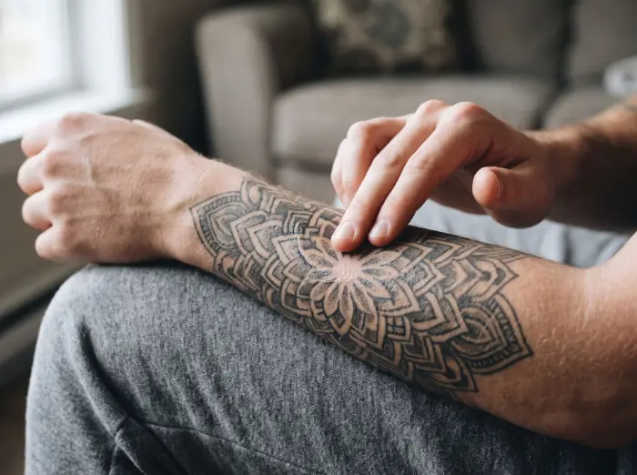 Tattoo-Pflege am Unterarm: Eine Person trägt dünn Pflegecreme auf ein großflächiges Mandala-Tattoo auf, um die tätowierte Haut während der Heilung zu pflegen.